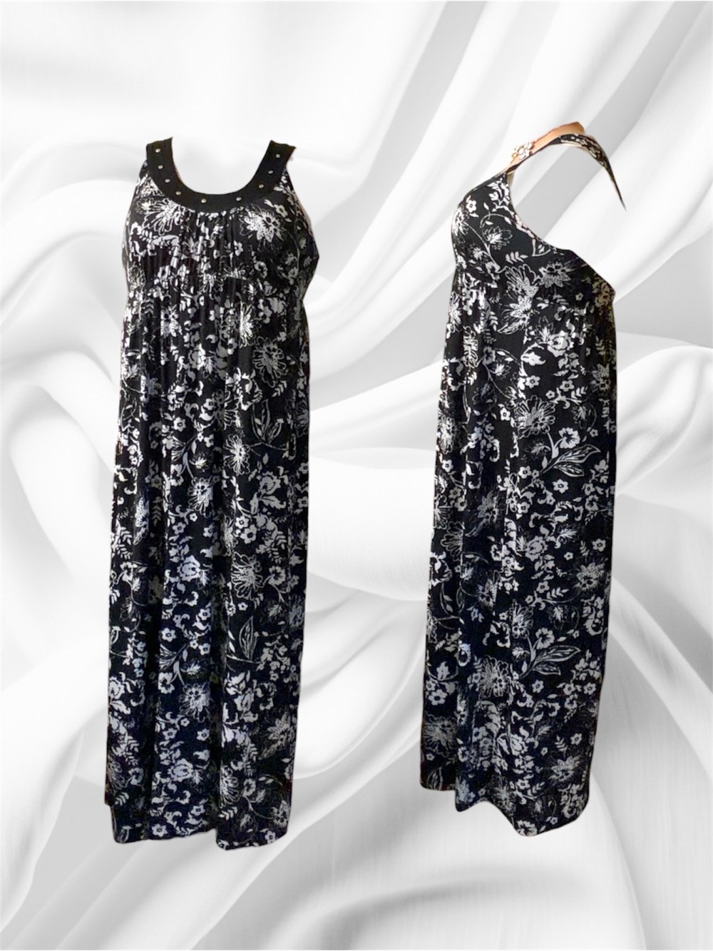 Appropriate Behavior 3X Black & White Floral Maxi Dress with Studded Neckline